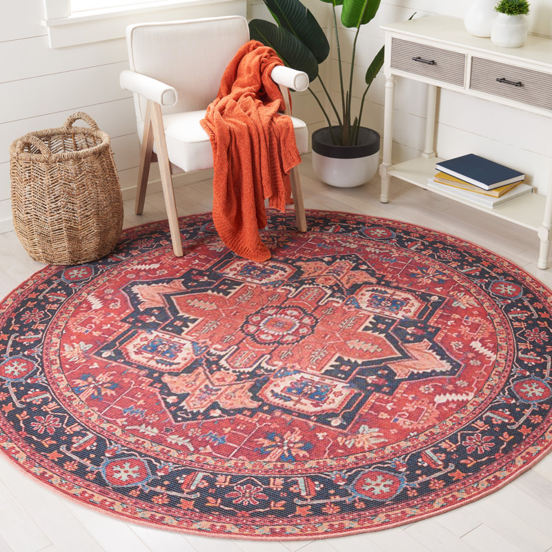 Abbeigh Oriental Cotton Red/Blue Area Rug, Round 6'7"