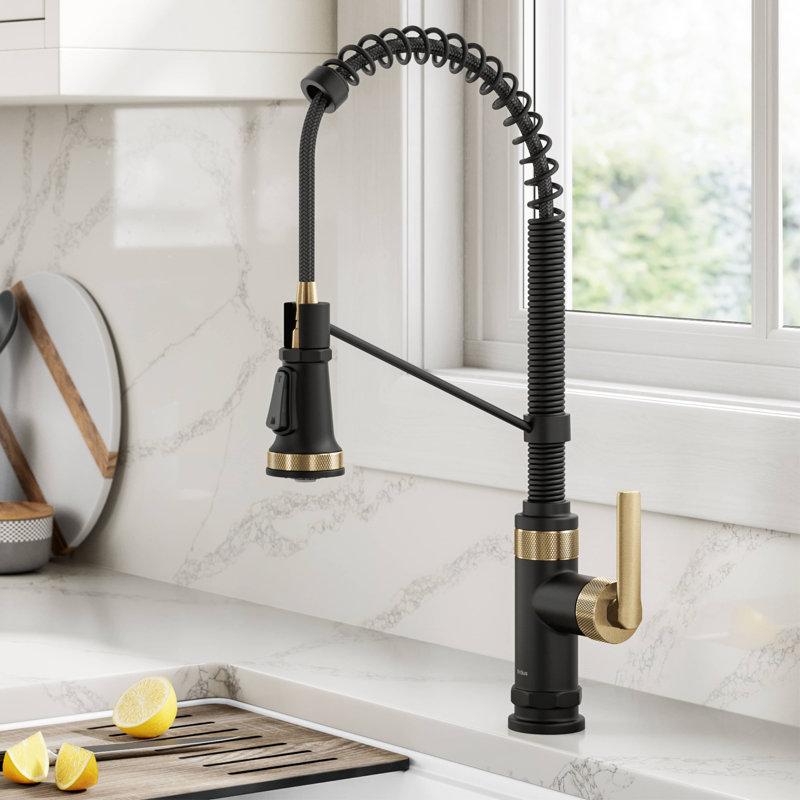 KRAUS Allyn Commercial Style 2-Function Single Handle Pull Down Kitchen Faucet, Matte Black/Brushed Brass