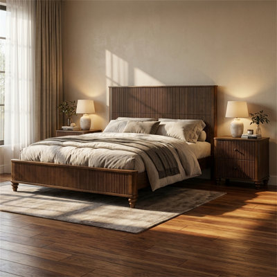 Bedroom Furnishing Set (3-piece), Queen-Size Bed with Tall Headboard & 2 Nightstands, Fine Wavy Decorative Finish, Mid-Century Modern Style, Queen-Size Platform Bed, Walnut