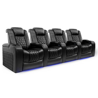 Tuscany 129.8" Wide Genuine Leather Power Recliner Home Theater Seating with Cup Holder by Arlmont & Co.