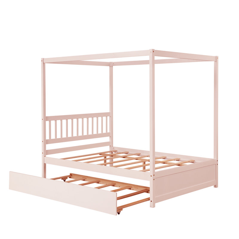 Cadre de lit plateforme Aviance, lit à baldaquin en bois avec lit gigogne simple, Rose