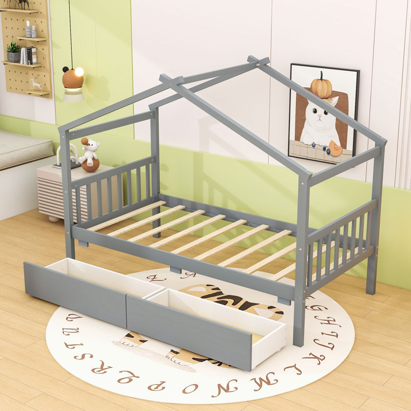 Lit simple en bois avec 2 tiroirs et garde-corps, Gris