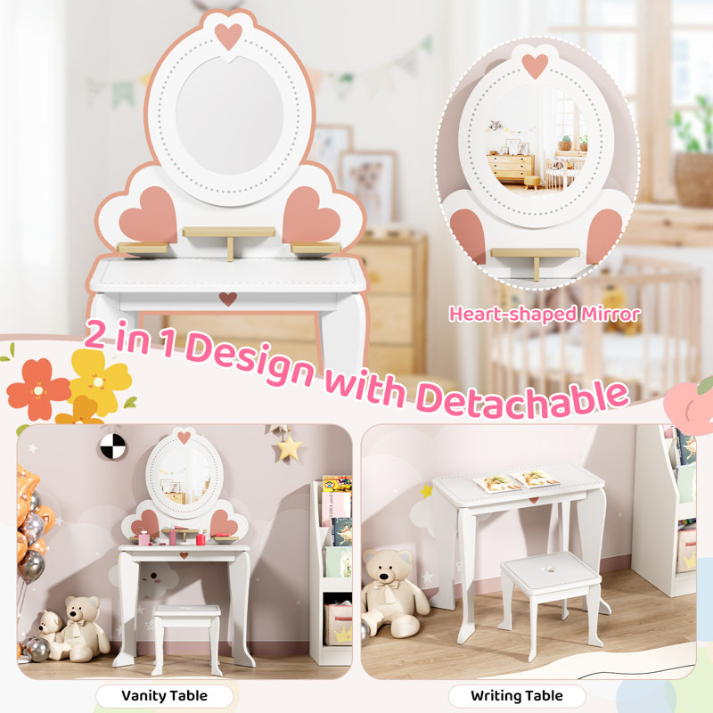Kids Vanity Set With Mirror And Chair, 2-in-1 Convertible Vanity Table With Storage, Toddler Makeup Toy With 8 Pcs Accessories For Pretend Play, Gift For Girls 3 Year Old(white)