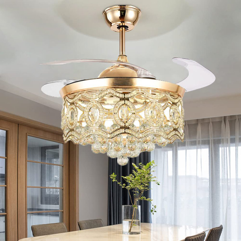 Duranko 42'' Retractable Crystal Ceiling Fans Light with Remote Control