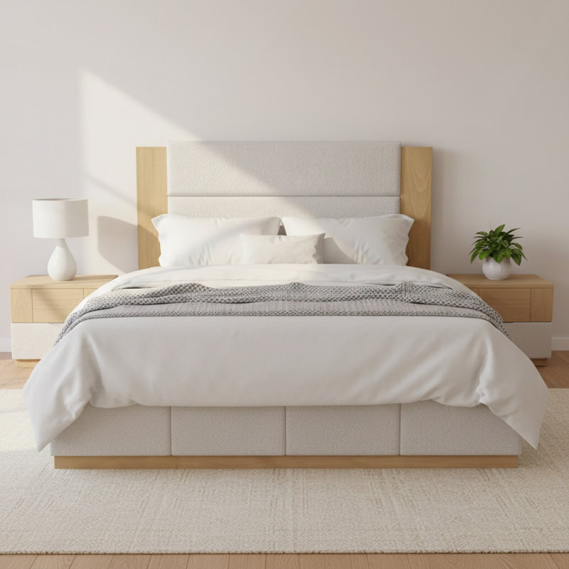 Base de lit tapissier grand format avec tête de lit en bois, Blanc, Grand lit