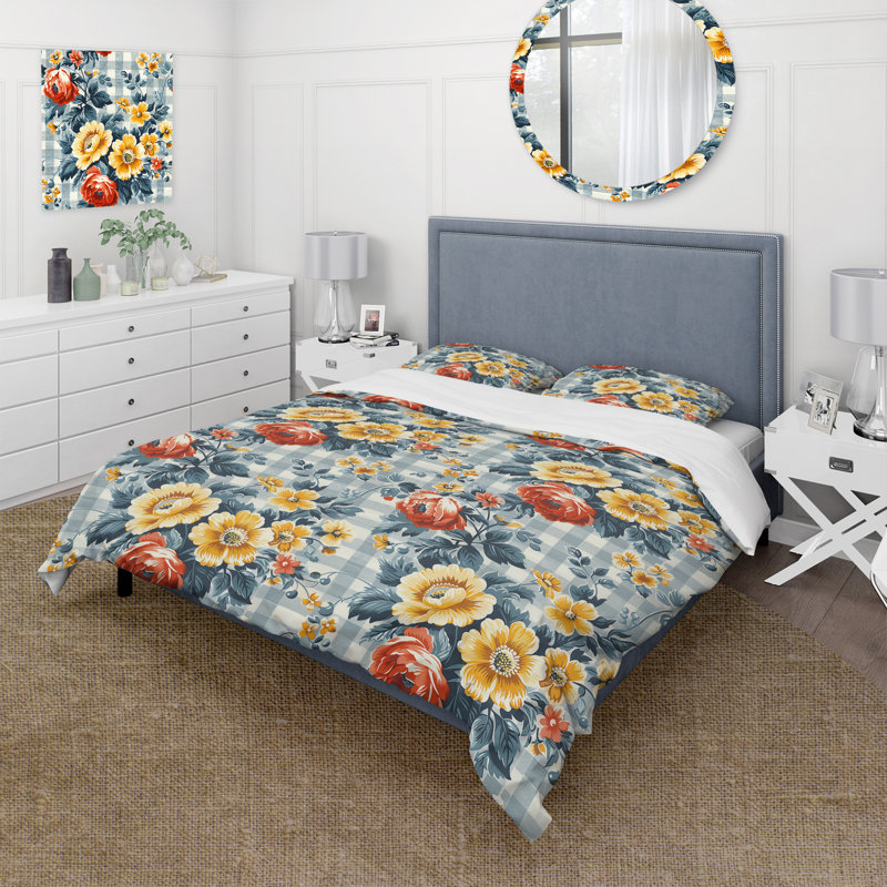 Ensemble de housse de couette à imprimé guingan jaune et bleu, Housse de couette très grand + 2 taies décorativ