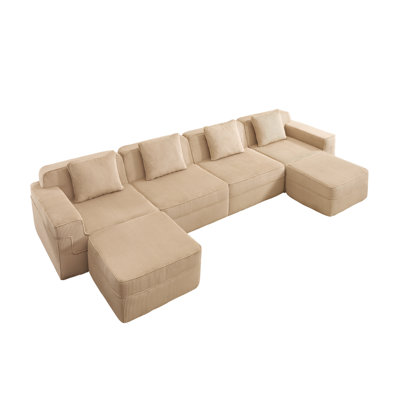 Canapé modulaire modulaire en forme de U sans siège à 4 places avec sièges profonds et 2 repose-pieds, velours côtelé moelleux en chameau
