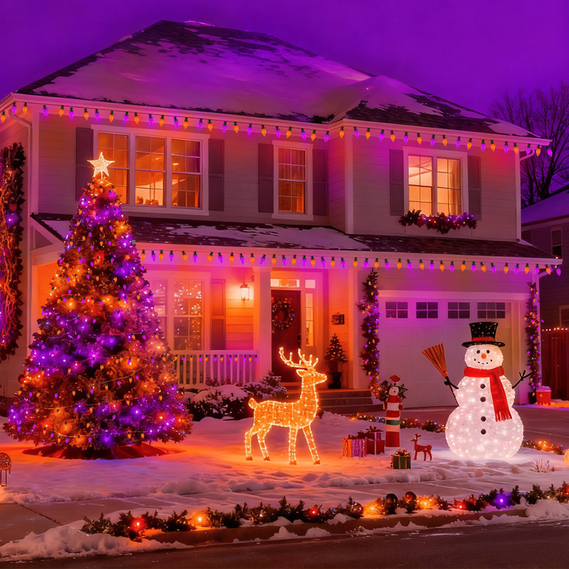 Ensemble de 2 lumières d'arbre de Noël C7 - 50 ampoules DEL, orange et mauve, boîte de piles, H 2,17 po x l 31 po x P 1,3 po