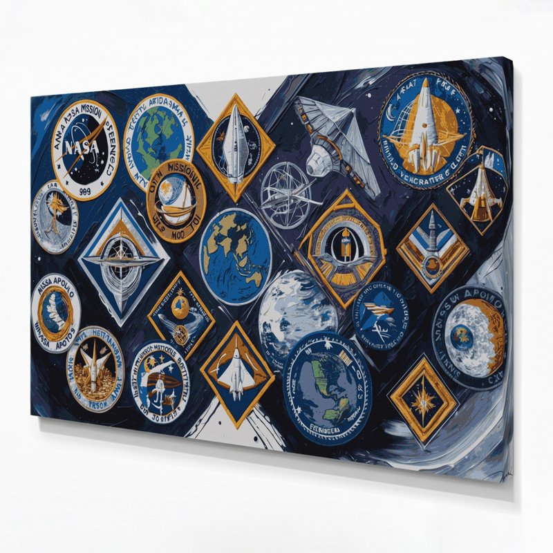 «Space Moon Landing Mission Patchs», art mural sur toile grise, H 16 po x l 20 po