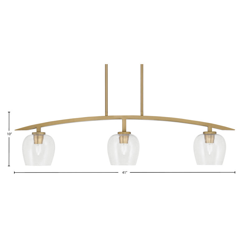 Luminaire pour îlot de cuisine 3 lumières kurve au fini laiton vieilli avec verre bullé de 6 po, Clair
