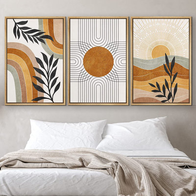 Mid Century Modern Boho "Western Orange Brown Sun Artwork, Abstract Vibrant Plant Pictures, Framed Canvas 3 Pieces Giclee Print Wall Art"