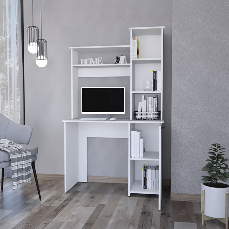Bureau d'ordinateur avec 3 tablettes et système d'organisation moderne blanc