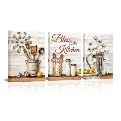 Kitchen Wall Art Kitchen Blessed Sign Farmhouse Wall Decor Rustic Dining Room Decor Artwork Framed, 12x16inchx3 Pieces