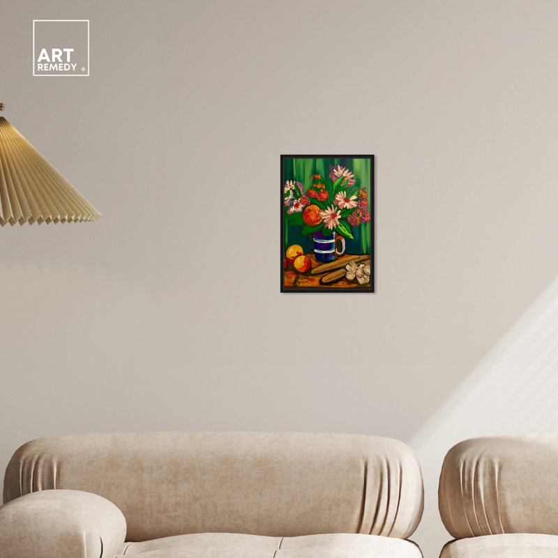 Vibrant Floral and Fruits Canvas Painting with Black Frame