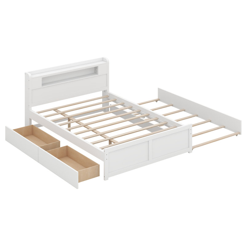 Grand lit plateforme avec rangement en bois avec 2 tiroirs et 1 lit gigogne simple, tête de lit avec rangement à DEL pour enfants adultes