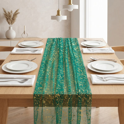 Beige Gold Gauze Table Runner 120 Inch 10FT, Glitter Metallic Foil Sheer Dining Wedding Anniversary Holiday Birthday Table Decor For Home Party