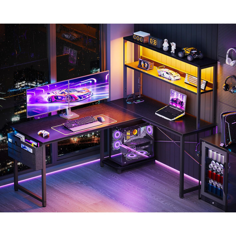 53 Inch L Shaped Desk With LED Lighting, Reversible Gaming Desk With Power Outlets, Cornor Computer Table With Storage Shelves & Bag & Iron Hook, Home Office Table For Writing, Study, Black