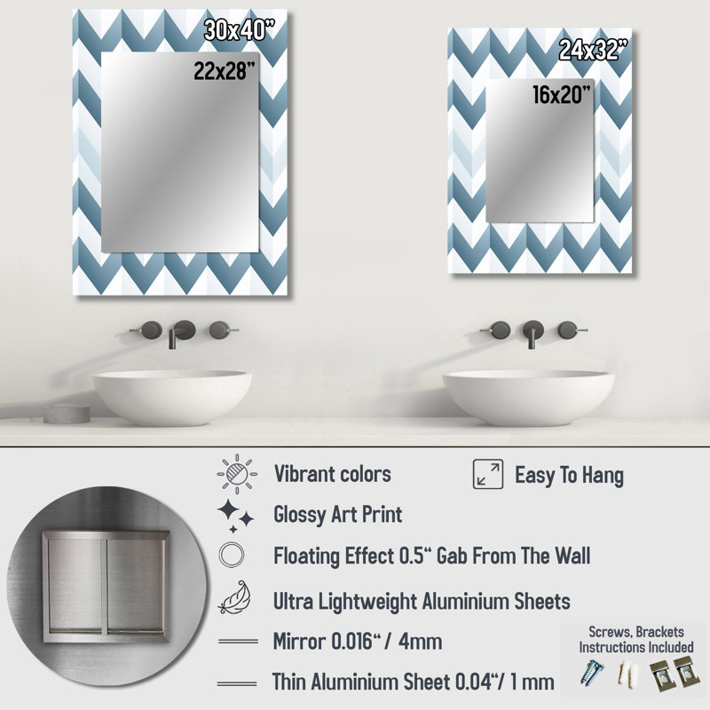 Shorna contemporain blanc et gris chevron - chevron unique, miroir mural décoratif, 40 po x 30 po