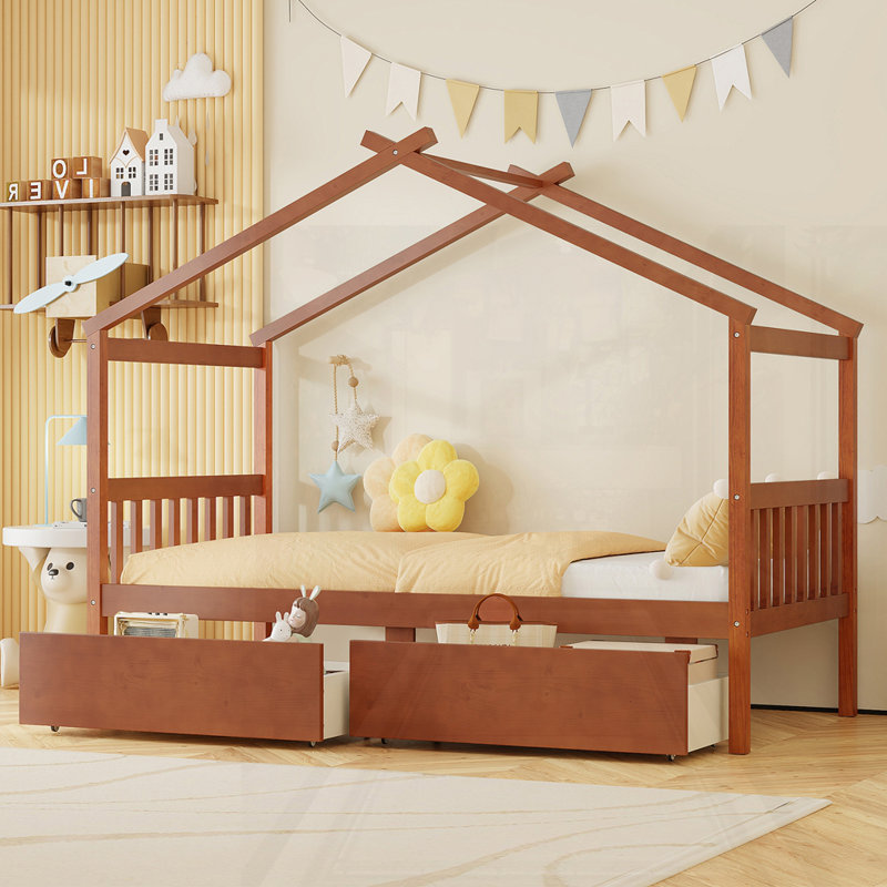 Wooden House Bed With Drawers, Walnut, Twin