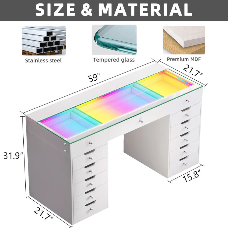 Ensemble de coiffeuse avec miroir de coiffeuse avec plateau en verre HD et bandes lumineuses RVB intégrées 11 grands tiroirs