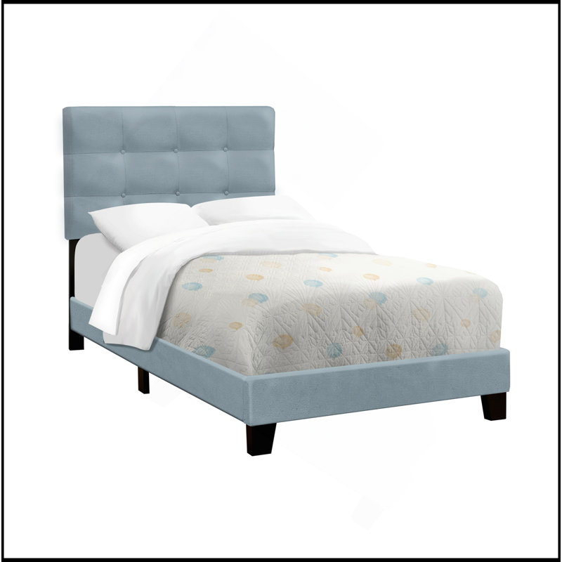 Lit, taille simple, tapissier, chambre à coucher, cadre seulement, enfant, juvénile, velours, transitionnel, Bleu