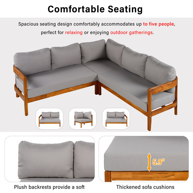 79.1" Acacia Solid Wood L-Shaped Patio Sofa, Outdoor Sectional With Thick Cushions, Gray
