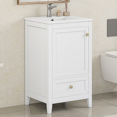 Meuble-lavabo de 20 pouces de couleur blanche, lavabo en céramique, porte à fermeture douce, support de rangement, tiroir, planche, finition peinte, style moderne, montage sur robinet à un trou 20 po avec robinet rectangulaire de haute qualité