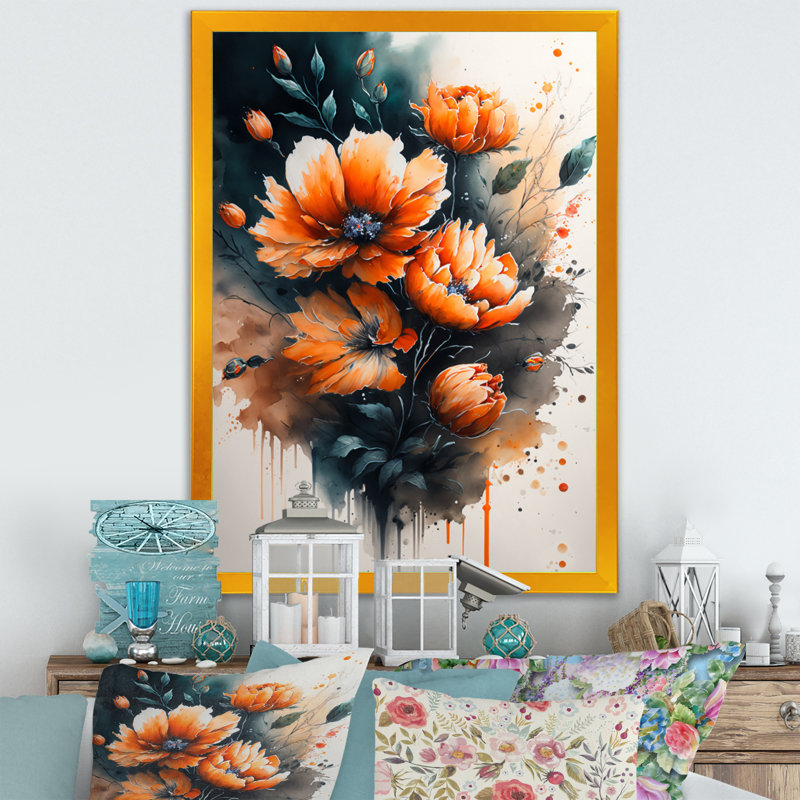 «Vibrant Orange Flower Bouquet», reproduction sur toile, Toile encadrée dorée avec coins fermés, H 44 po x l 34 po x P 1,5 po