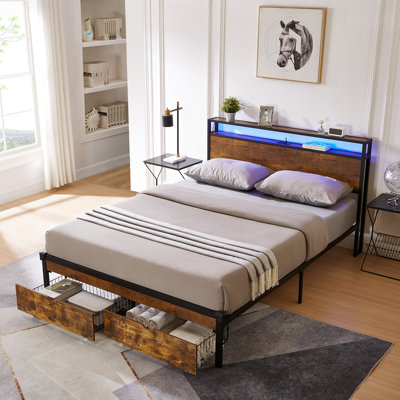 Queen Metal Platform Bed Frame With Wooden Head & Foot Boards, Charging Interface, 2 Drawer Compartments, Led Lights, No Box Spring Needed, 600 Lbs Weight Limit, Easy Assembly Working Port, Spaces,