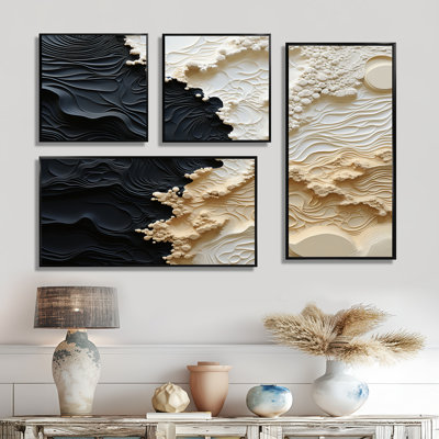 Peinture abstraite liquide crème et noire - 4 pièces