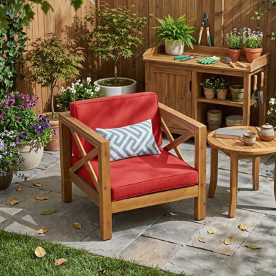 Mid Century Outdoor Club Chair with Acacia Wood Frame and Cushioned Seat for Patio Porch Balcony