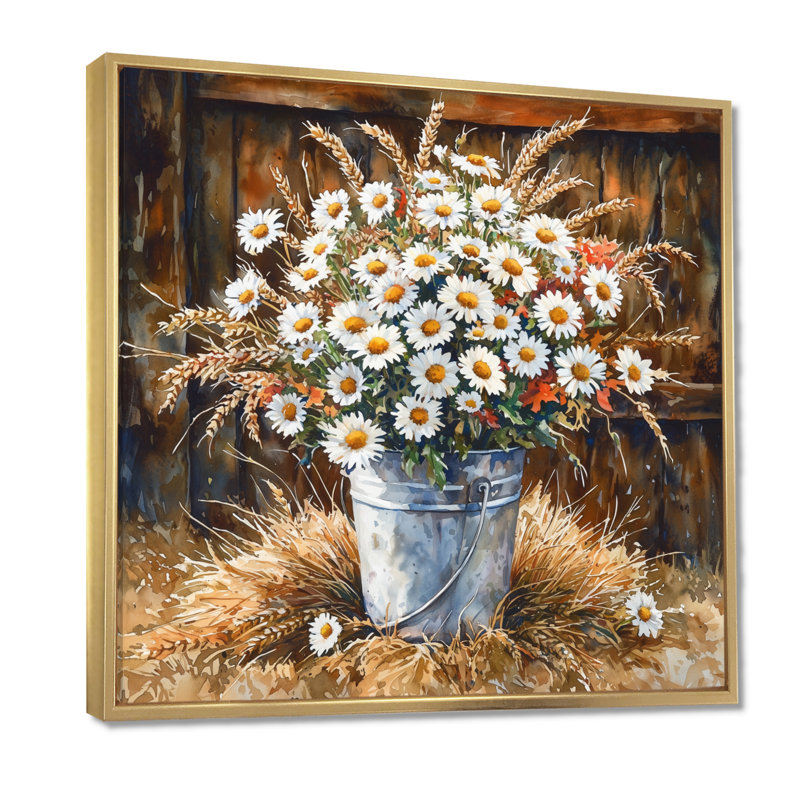 Donjae Summer Daisies Bouquet At The Farm II - marguerites, art mural, Impression encadrée flottante, H 16 po x l 16 po, Doré