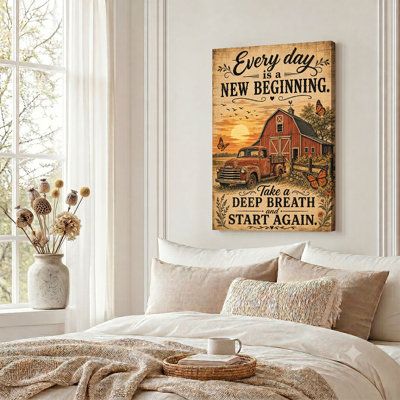 Vintage Red Barn and Truck Canvas Wall Art Country Sunset Rustic Farmhouse Decor