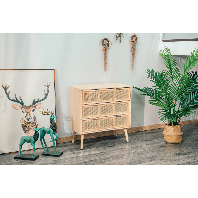 Chariel 3-Drawer Wooden and Natural Rattan Dresser