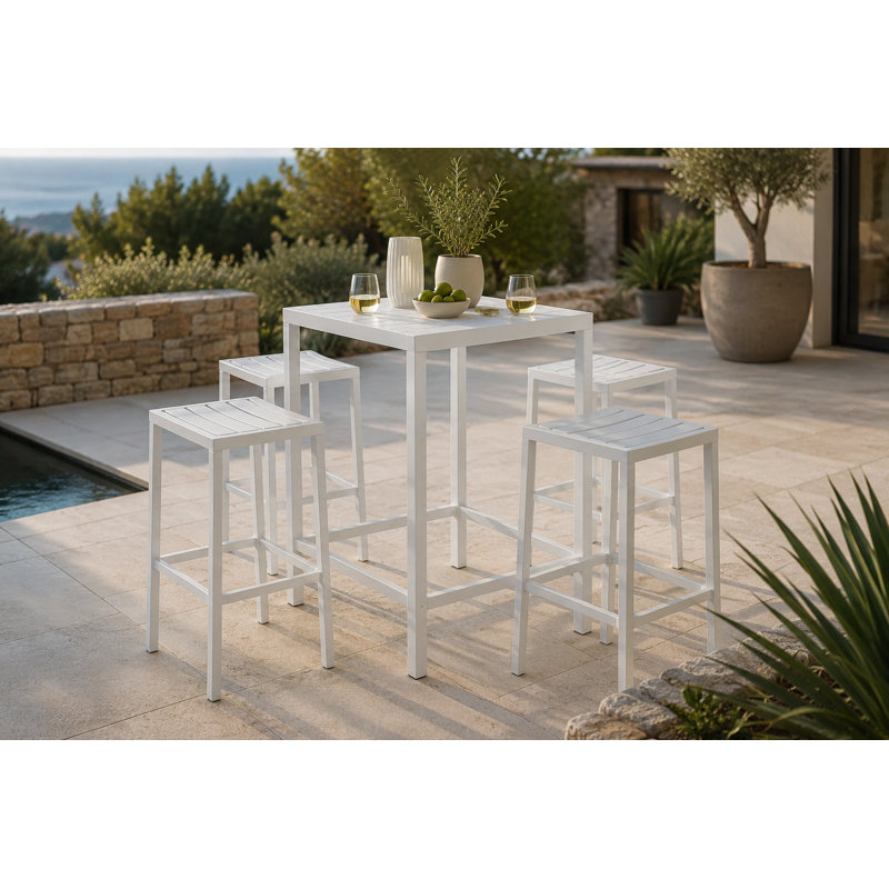 Table de bar d'extérieur pour 4 personnes Betty - Table de pub de patio blanche moderne avec structure en aluminium thermolaqué et plateau à lattes en résine de polyester - Balcon contemporain, table de salle à manger près de la piscine et d'extérieur - Table de bar blanche