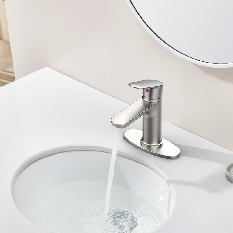 Bathroom Faucet In Brushed Nickel Finish - Single Handle Deck Mount, Scratch Coating, Water Saving Model, Quick Install Option