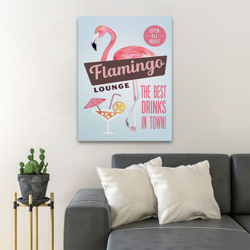 «Flamingo and Juice - The Best Drinks In Town», reproduction d'art graphique sur toile tendue, H 14 po x l 11 po x P 2 po