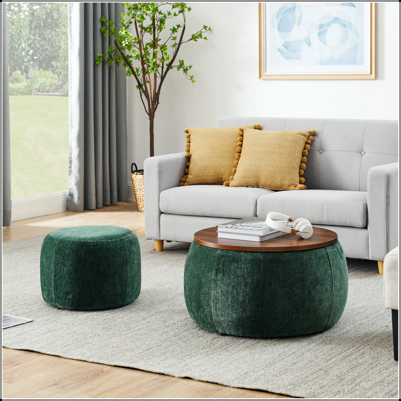 Round Storage Ottoman, 2 in 1 Function, Work as End table and Ottoman,with small seat,(25"x25"x14.7"), Green