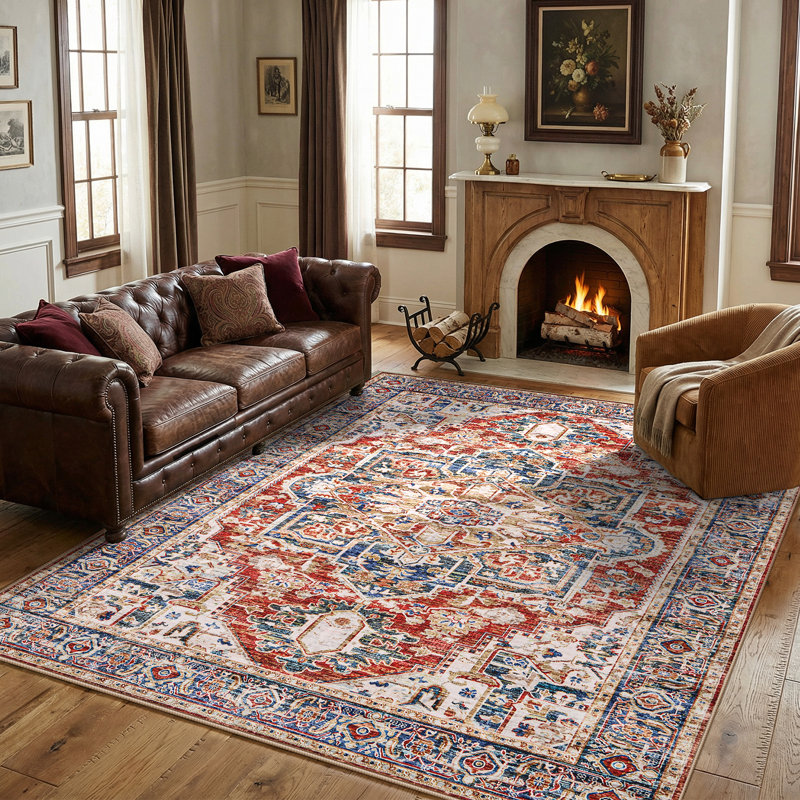 Oriental Inspired Vintage Machine Washable Area Rug with Non-Slip Backing for  High Traffic Area, Living Room, Bed Room, Kitchen, Hallway Runner, Entryway Rug