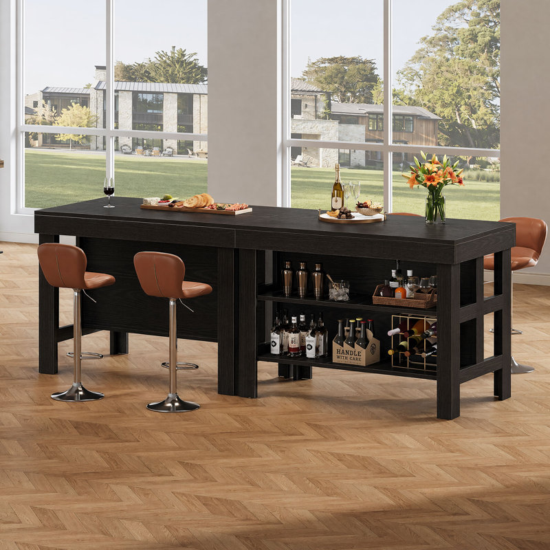 Table de bar à la maison avec tablettes de rangement, armoire de bar de ferme pour la salle à manger de cuisine, Black