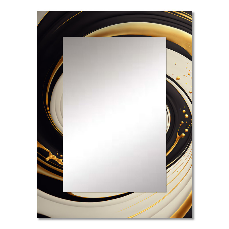 Noir, argent et or mélangeant des tourbillons I - miroir décoratif spirales abstraites, miroir mural moderne, impression d'art en métal