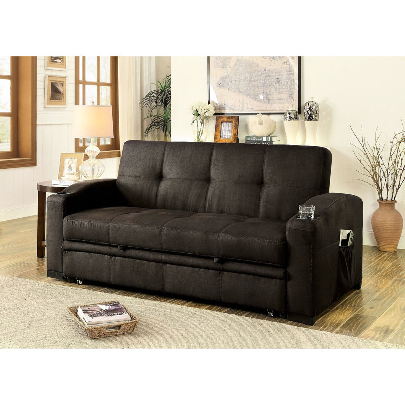 Futon transitionnel à boutons avec tissu brun foncé et porte-gobelets intégrés pour la conversion au lit