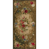 Vintage American Hooked Floral Medallion Wool Brown Earth Tone 1950s Rug