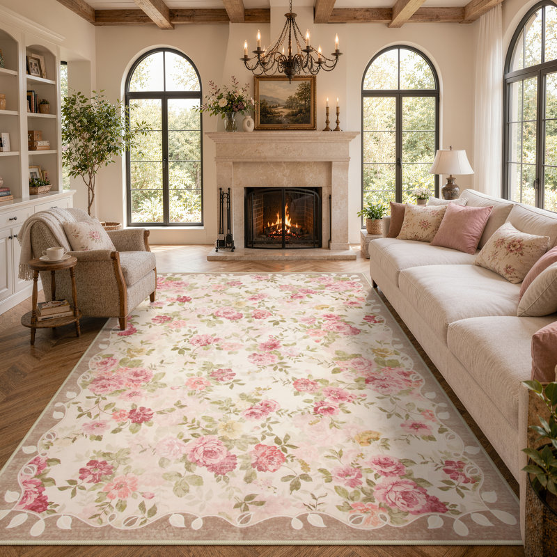 Tapis à motif floral Kaldi, Cream Green, Rectangulaire 8 pi x 10 pi