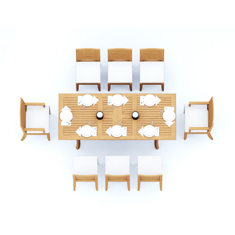 8 Seats 9 Pcs Grade-A Teak Wood Dining Set: 118" Double Extension Rectangle Table And 8 Atnas  Chairs (2 Arm & 6 Armless Chairs) #11AT2402