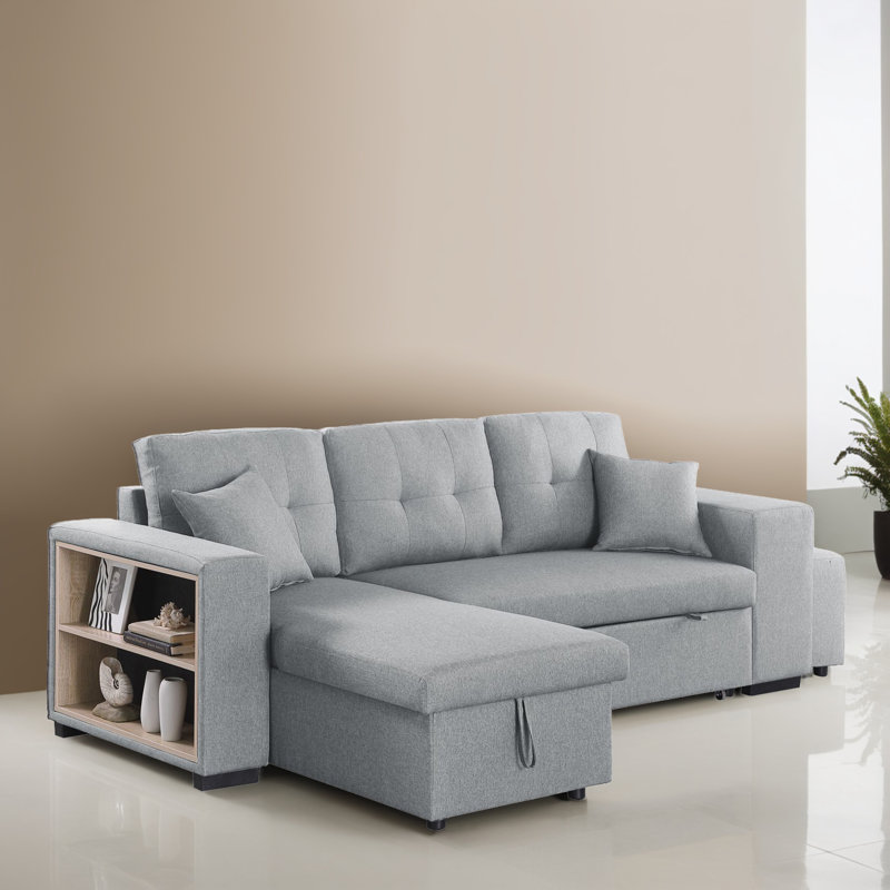 Upholstered 95.32 " Linen L-Shaped Sofa Bed with Ottoman, Light Gray Linen