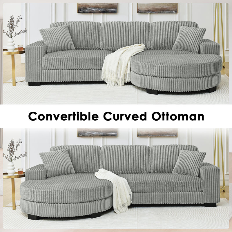Corduroy Upholstered Sofa with Removable Curved Ottoman, Gray