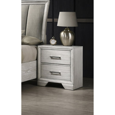 Antique White Solid Wood Bedside Table - Two Drawers Bedroom Cabinet For Storage