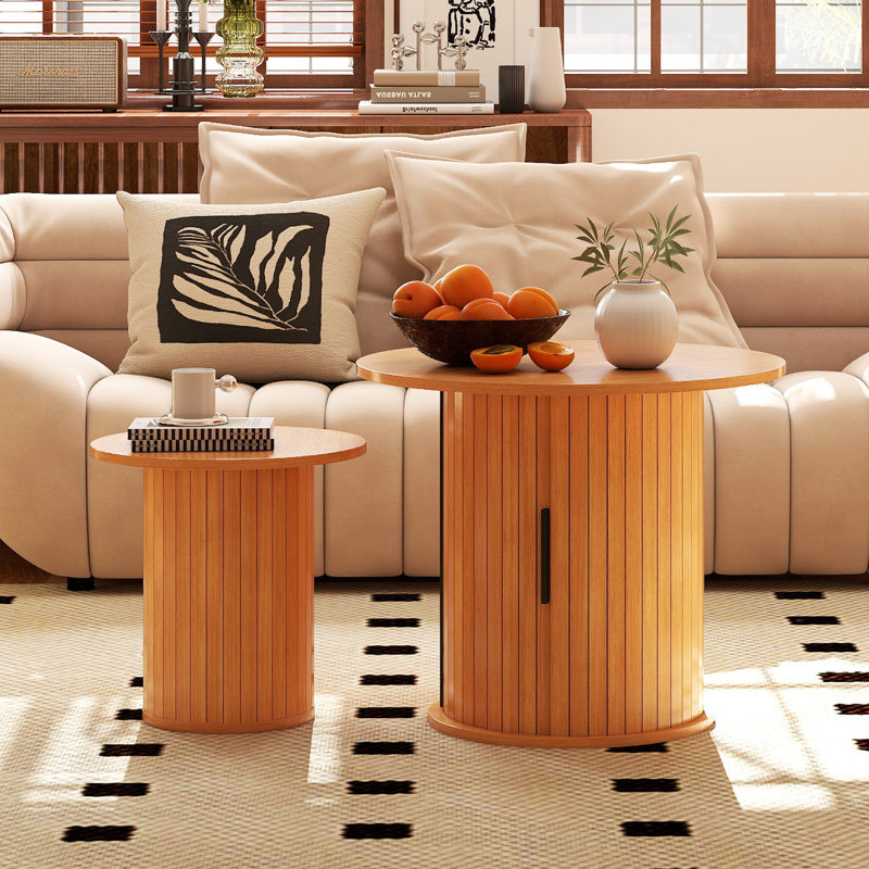 Wooden Nesting Of Coffee Table With Hidden Storage Space, Set Of 2 Round Top Coffee Table Sets With Metal Frame, Natural