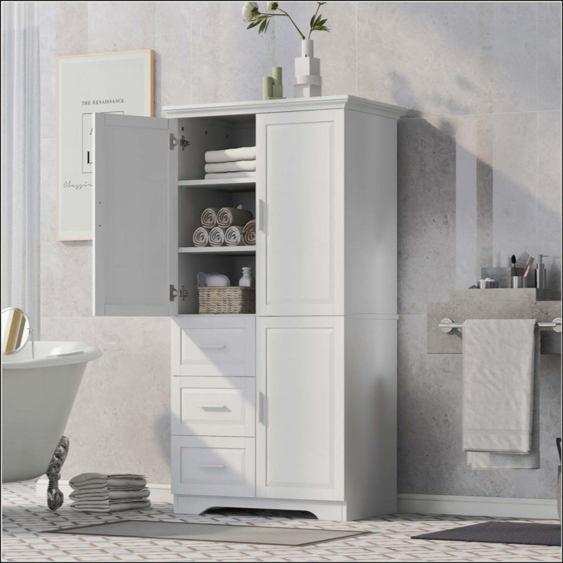 Armoire de rangement avec portes pour salle de bain / bureau, trois tiroirs, Blanc